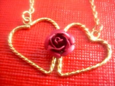 METAL RED ROSE TWO HEART GOLD TONE NECKLACE VALENTINE GIFT