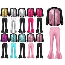 Kids Girls Modern Dance Wear Zipper Tops With Trousers Shiny Outfits Rock Punk