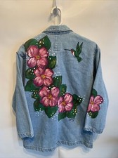 Vtg Denim Blue Jean Spring Floral Hummingbird Trench Coat Jacket Womens Small