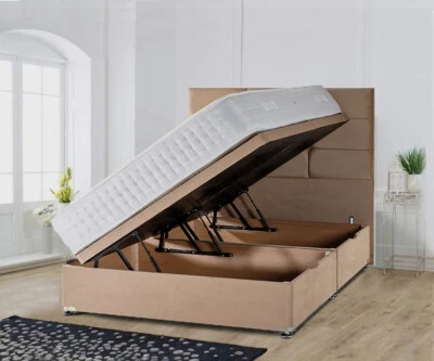 Natural Wooden Soft Plush Velvet Storage Divan Side Gas Lift Up Base Ottoman Bed