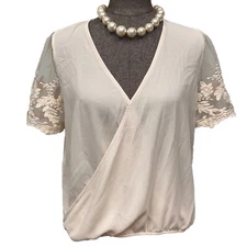 Ivory Wrap Criss Crossover Blouson Top Size L V Neck Sheer Lace Sleeve High Low
