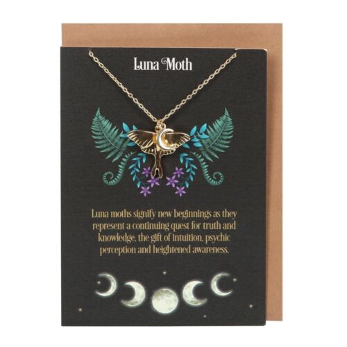 Luna Moth Design Greetings Card & Moth & Crescent Moon Gold Tone Necklace Gift - Picture 2 of 4