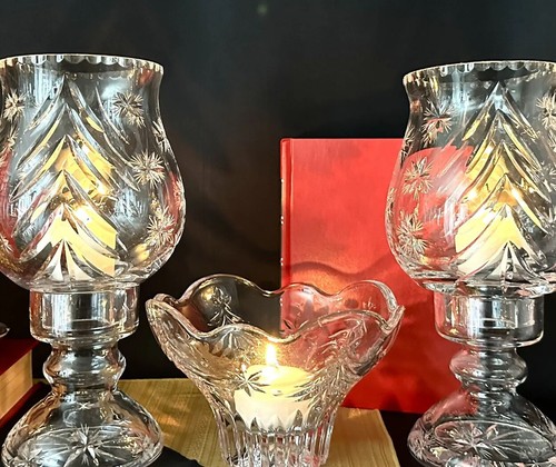 Christmas Hurricane Candle Holders with Christmas Trinket Bowl Glass Set of 3 * - Picture 2 of 10