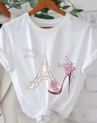 Mode Paris Eiffelturm Print T-Shirt - Entspannt, Oversized, Sommer, Frühling