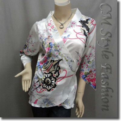 Yukata Kimono Design Silky Satin Wrap Tie Top White 2XL XXL | eBay