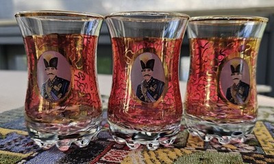 Qajar Dynasty Persian Cranberry 3 Red Glasses Small, Early 20th Century Gold Rim
