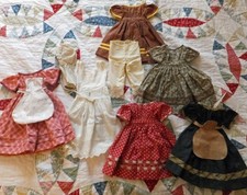 Antique Reproduction Izannah, Paper Mache, China Doll Dress, Apron, Bonnet Lot