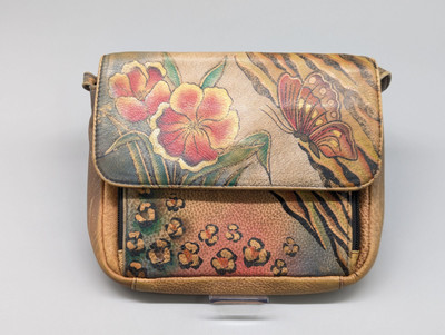 Anuschka Hand Painted Leather Brown Floral Butterflies Flap Crossbody Bag Purse