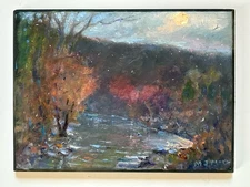 Original Oil Painting Art Moon Landscape Snow Stream Trees Hudson Valley NY
