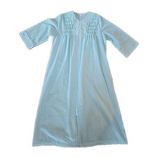 Miss Elaine Women's M Embroidered Smocked Seersucker Zip Robe Aqua Turquoise EUC