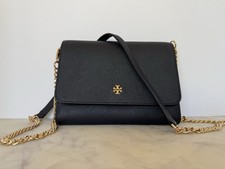 Tory Burch Robinson Black/Navy Saffiano Leather Chain Wallet Crossbody Gold Logo