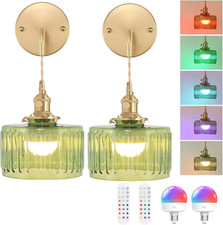 Set of 2 Retro Gold Battery Operated Wall Sconces with Green Striped Shades