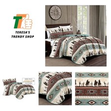 WPM Western Teal/Beige/Burgundy Cowboy Desert Southwestern Print Bedspread 3 ...