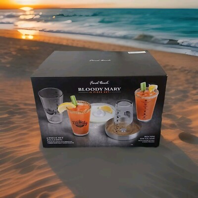 Final Touch 6 pc Bloody Mary Set Recipe On Glass 4 Glasses, 1 Rimmer Lid, 1 Tray