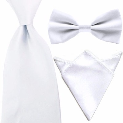 Men Solid Color Bowtie 8CM Wide Satin Neck Tie Pocket Square Handkerchief Set