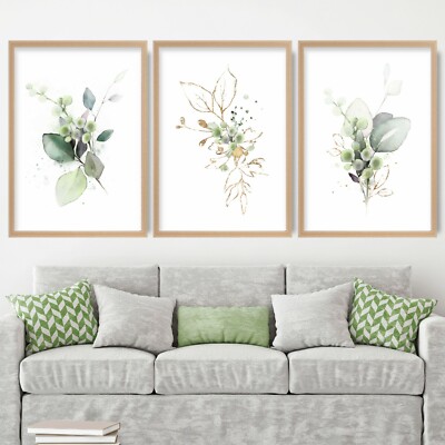 Gerahmte botanische Kräuter Kunstdrucke grün handgezeichnete Bilder Wandbilder 3er Set
