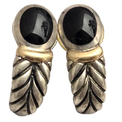Rare Vintage Kabana Black Onyx Sterling Silver & 14K Gold Earrings Native Made