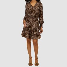 $155 Michael Kors Women's Brown Leopard V-Neck Smocked A-Line Dress Size XS