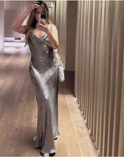 ZARA NEW WOMAN SILVER SATIN EFFECT SLIP DRESS Size M REF:8496/746
