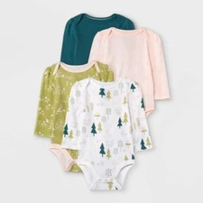 Cloud Island 4-Pack Long- Sleeve Cotton Lightweight Pink Bodysuits Size 6-9M