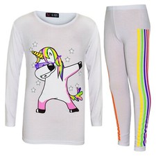 Kids Girls Rainbow Xmas Outfit Set Unicorn Dab Floss White Top Legging 7-13 Yr