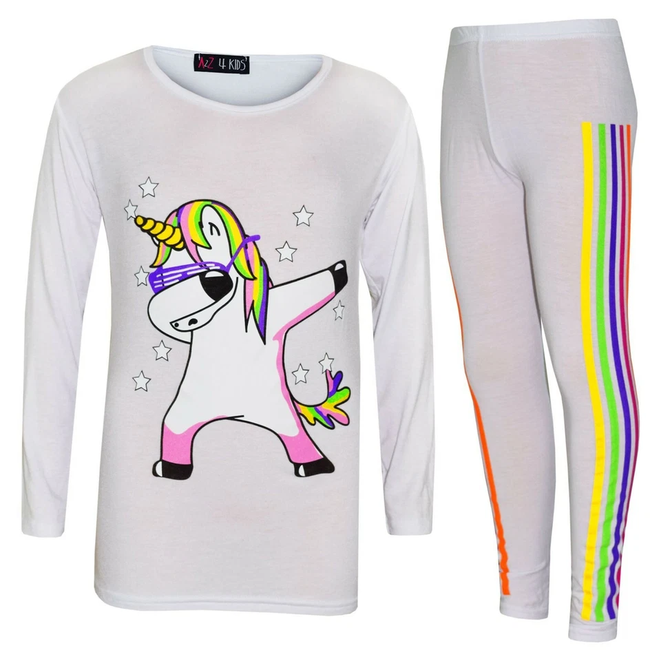 Enfants Filles Arc-en-Ciel Noël Costume Ensemble Licorne DAB Floss Haut Blanc Et - Photo 1/1