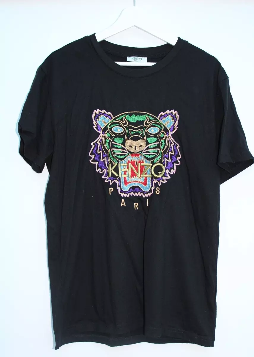 KENZO Paris Black Colourful Tiger Logo Short Sleeve T Shirt Size