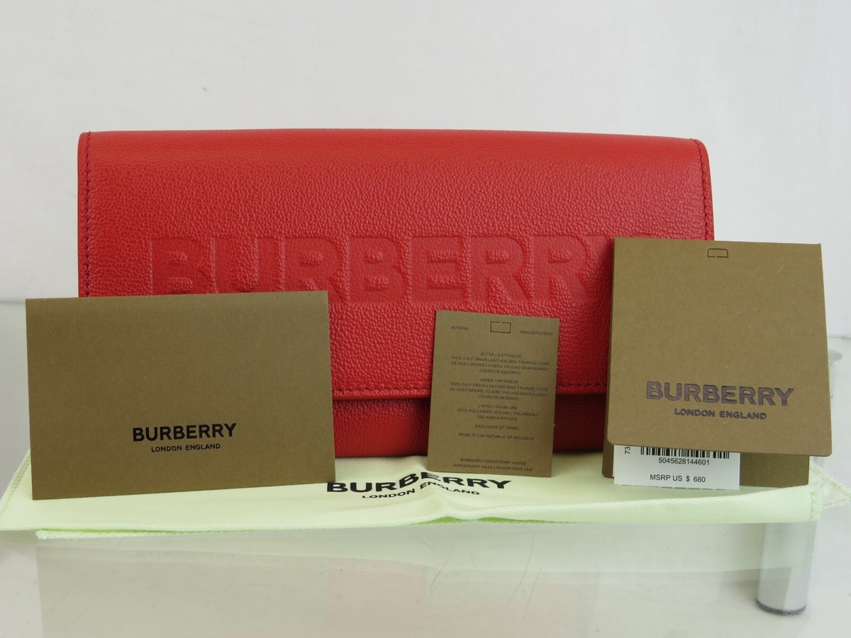 $680 BURBERRY PORTER RED LOGO EMBOSSED LEATHER FLAP