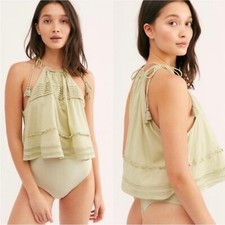NWOT Free People Bodysuit M Intimately Trust Me Thong Green Sleeveless Ruffle