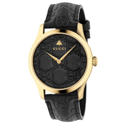 Gucci G-Timeless 38mm Yellow Gold Plated Case with Black Leather