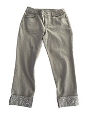 Chico's Jeans Women's Platinum Ankle 0.5 6 Gray Silver Rhinestone Crop Stretch