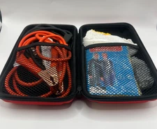 Car Emergency Kit Jumper Cables Gloves Headlamp Poncho Bandages SOS Red Case New
