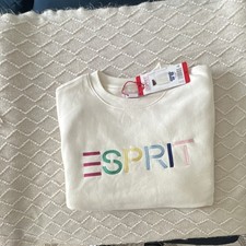 Esprit Women's Crewneck Pullover Sweatshirt Cream Embroidered Logo Cotton M