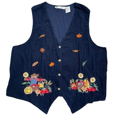 Vtg Studio Collection Blue Embroidered Vest 24W Corduroy Fall Scarecrow Leaves
