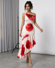Women's Elegant Asymmetric Slim Slant Neck Hibiscus Floral Printed Dress