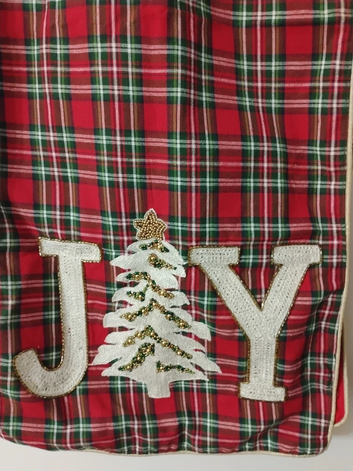 Cynthia Rowley Christmas Tartan Beaded Table Runner JOY Designer Quality 74"X16" - Image 2 of 4