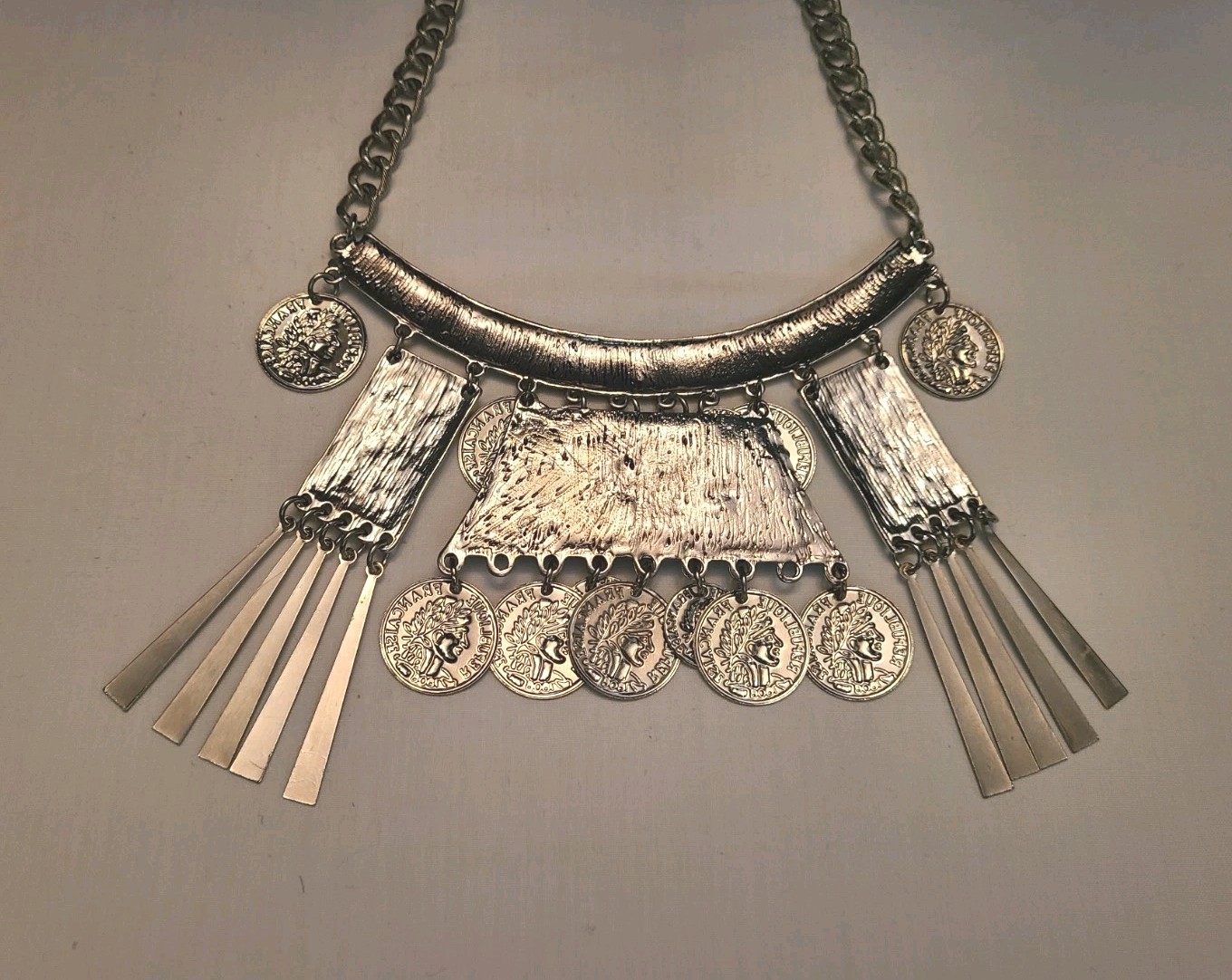 Silver Tone Boho Coin Statement Bib Necklace - image 6