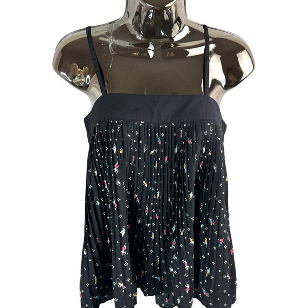 Capricho  Pleated Camisole Top Black Ditsy Print Spaghetti Strap Sz 14 Whimsical