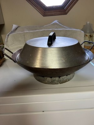 Vintage 16in. Carbon Steel 2 Handled Wok With Lid And Stand