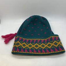 Vintage Wigwam Wool Beanie Ski Hat Cap Teal Pink Gold Toboggan USA Winter Sport