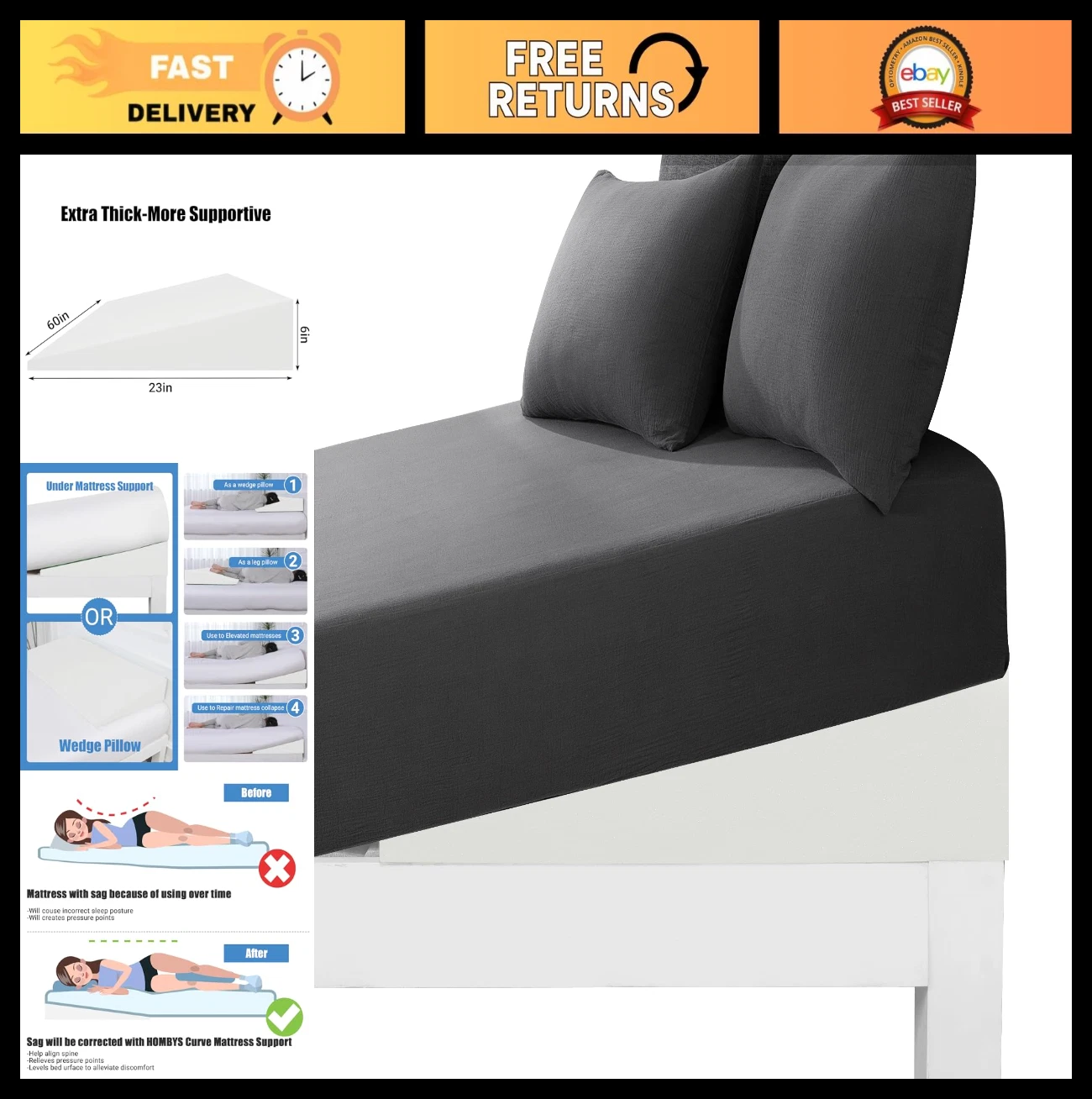 Under Mattress Support Pad - Thick Foam Elevator for Mattress Sag, Bed Wedge Pil