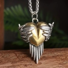 Duel Tone Brass  Silver Tone Heart With Wings Necklace Pendant