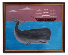 Naïve Folk Art Grey Sperm Whale & Ship by Matt Rix in Vintage Hand Painted Frame