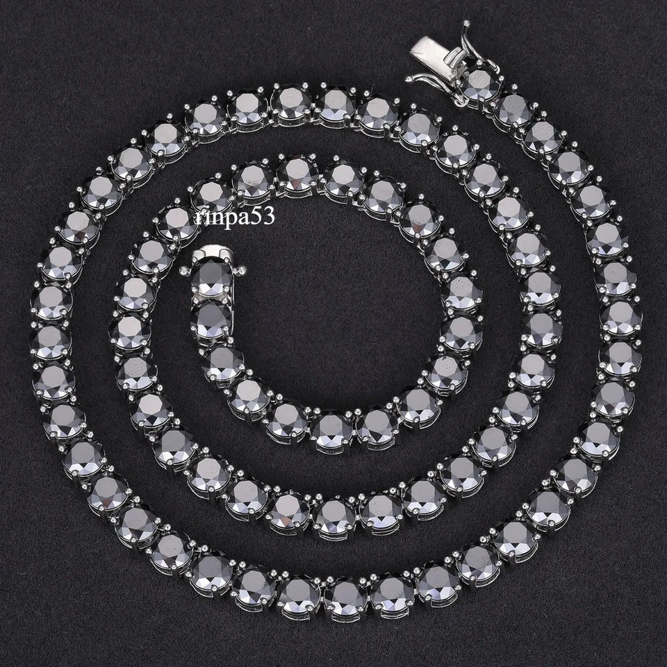 29Ct Round Cut A+ Lab Created Black Diamond Mens Tennis Necklace 14K Gold Plated - Image 4 of 4