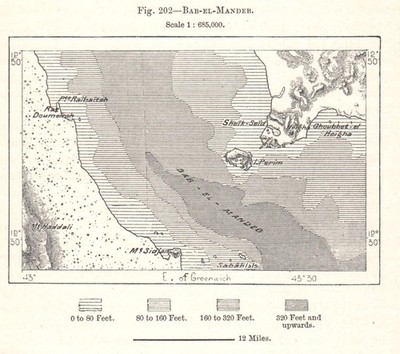 Bab-el-Mandeb Straight. Jemen Dschibuti Eritrea. Skizzenkarte 1885 alt
