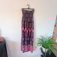 🩷 OP Ocean Pacific Strapless Maxi Dress M Black Pink Blue Smocked Boho