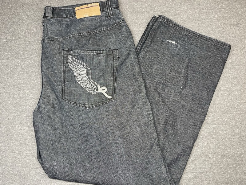 Baggy Wide Leg Y2K 2000’s Embroidered Skater RocaWear Black Denim Jeans 0006