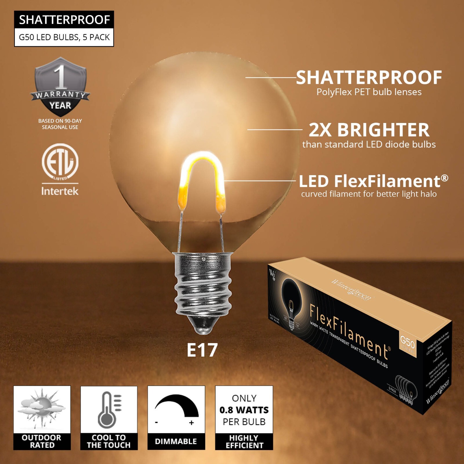 G50 Shatterproof LED Visible Filament Edison Patio Globe Light Bulbs E17, 5 Pack