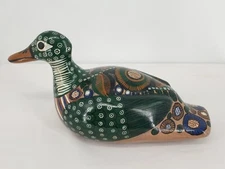 Tonala Pottery Hand Painted Mexican Large 12" Duck Green Blue Figurine Folk Art