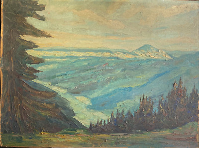 ::OIL PAINTING INDISTINCT SIGN VIEW OF MOUNTAIN LANDSCAPE AT THE FIR FOREST IN AUTUMN
